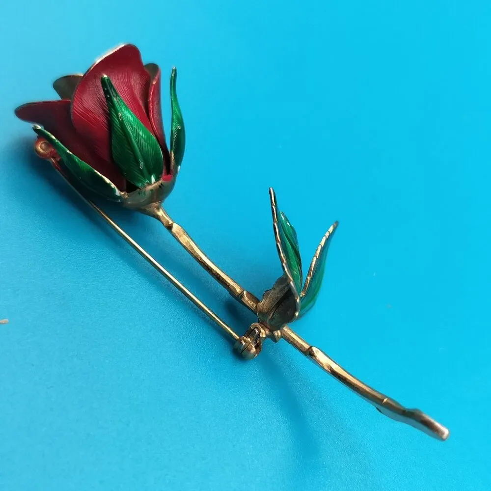 Vintage Rose Brooch Pin Red & Green Enamel Gold Tone Flower Jewelry